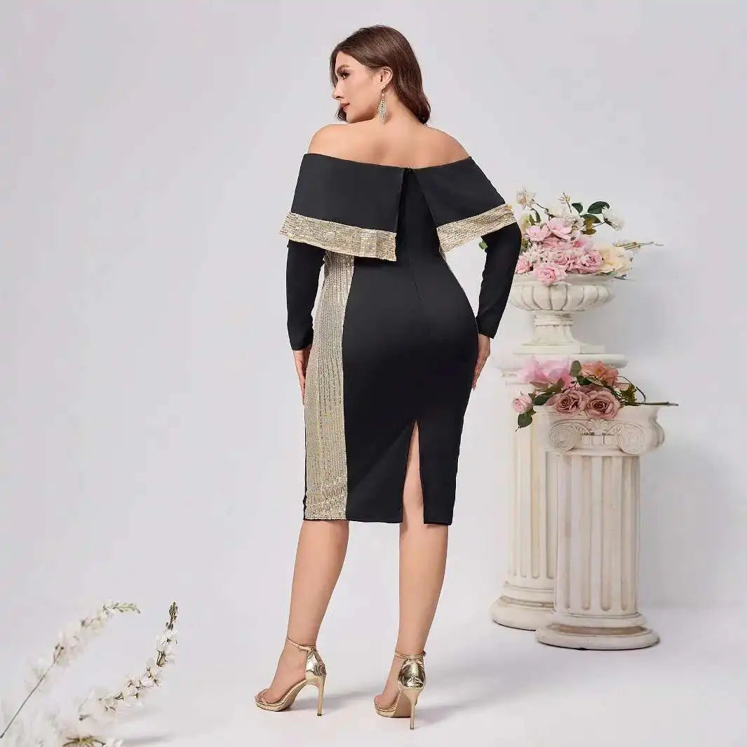 Size Large Women's New Fashion Style Elegant Off Shoulder Sequin Long Sleeved Slim Fit Hip Hugging Elegant Women's Dress Y2k