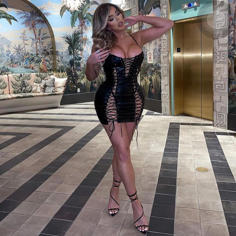 European And American Fashion Suspenders And Rope Leather Dress