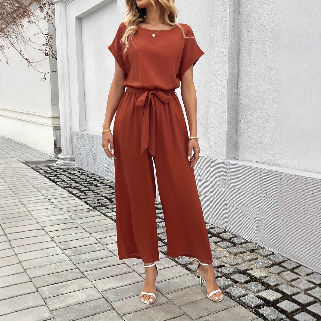 Women's Elegant Solid Color Belted Jumpsuit with Round Neck