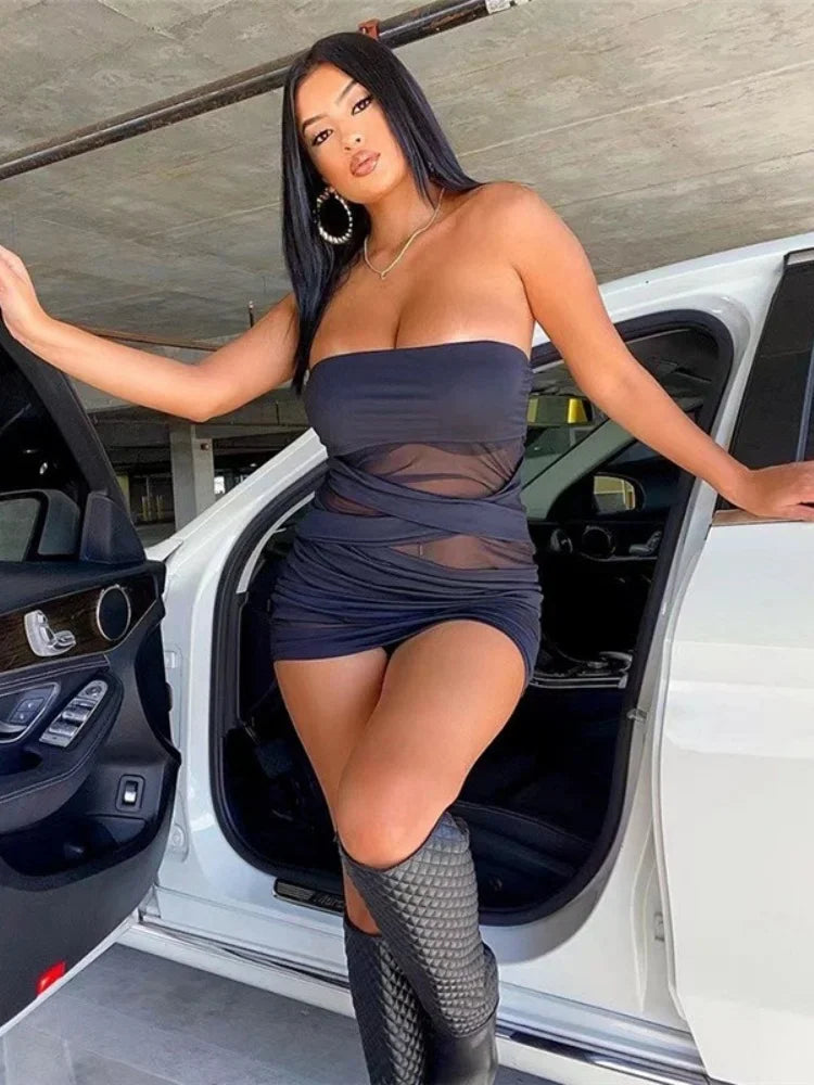 Slash Neck Black Vestidos De Mujer Mini Y2k Clothes Sexi Night Dress Hot Club Outfits Mesh See Through Bodycon Dress For Women