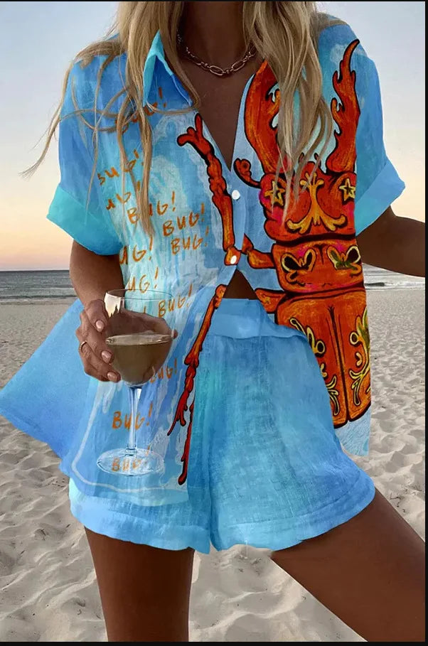2025 New Style Vacation Cruise Set, Two Piece Set, Digital Print, Tropical Printed Necklace Shirt+Wide Leg Pants Women's Wear