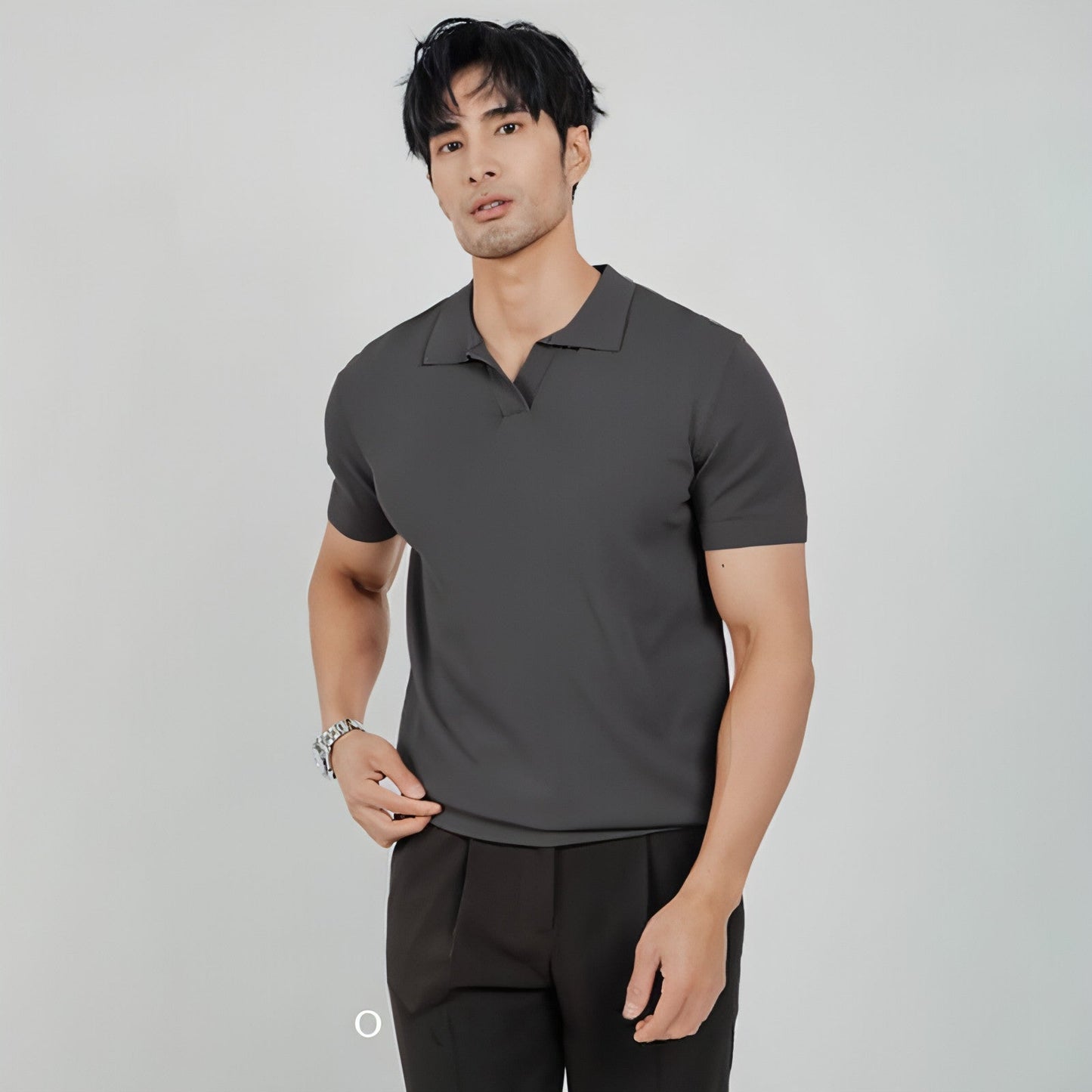 Lightly Mature Men's Solid Color Lapel Knitted Polo Shirt