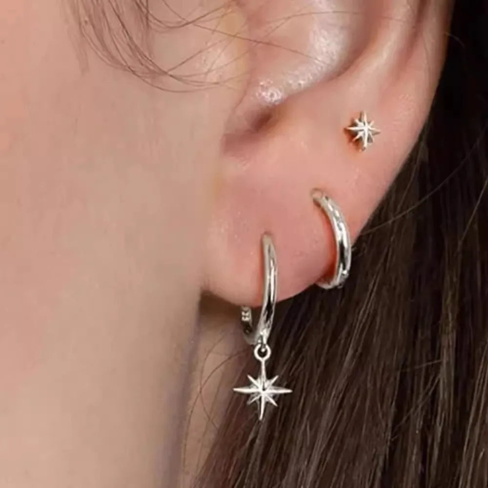 3pcs Unisex Fashion Metal round Star Tassel Dangle Hexagram Drop Earrings Set Hip Hop Punk Rock Jewelry for Men And Women