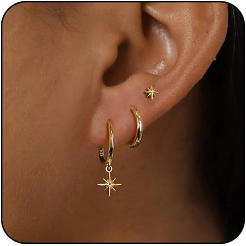 3 Piece Fashion Stainless Steel Round Star Drop Earrings Set for Women 18K Golden Plated Dangle Earring Punk Unisex Rock Jewelry