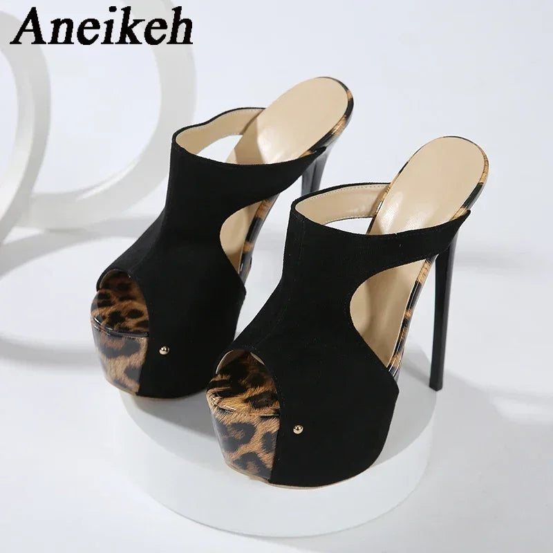 Aneikeh Summer Extreme Platform High Heels Black Leopard Print Rivet Slippers Ladies Sexy Slingback Sandals Mules Slides Shoes