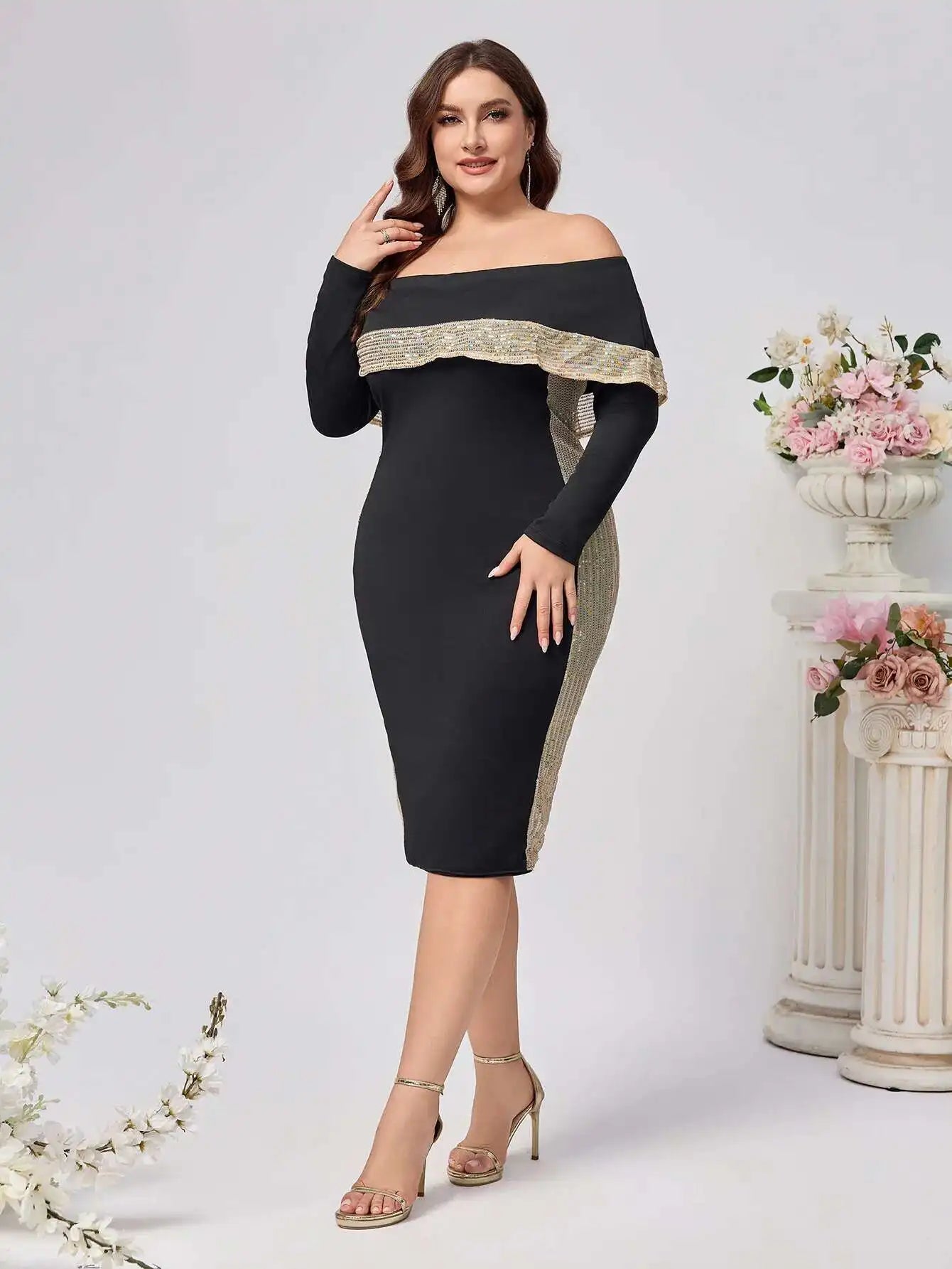 Size Large Women's New Fashion Style Elegant Off Shoulder Sequin Long Sleeved Slim Fit Hip Hugging Elegant Women's Dress Y2k