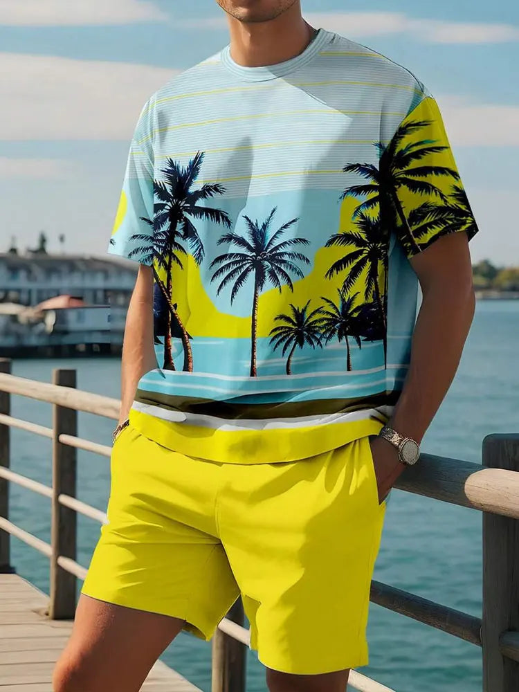 Casual men's  beach  shorts palm tree print O-neck short sleeved l