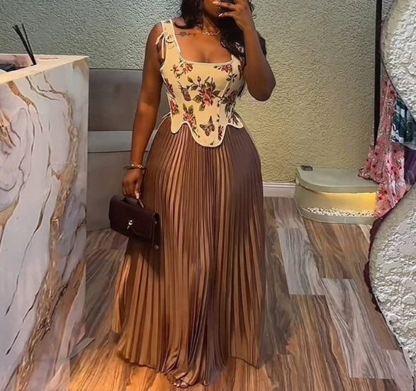 New Two Piece Skirt Set Summer 2025 New Women's Clothing Printed Tank Top+ High Waist Half Body Ruffle A Line Skirt