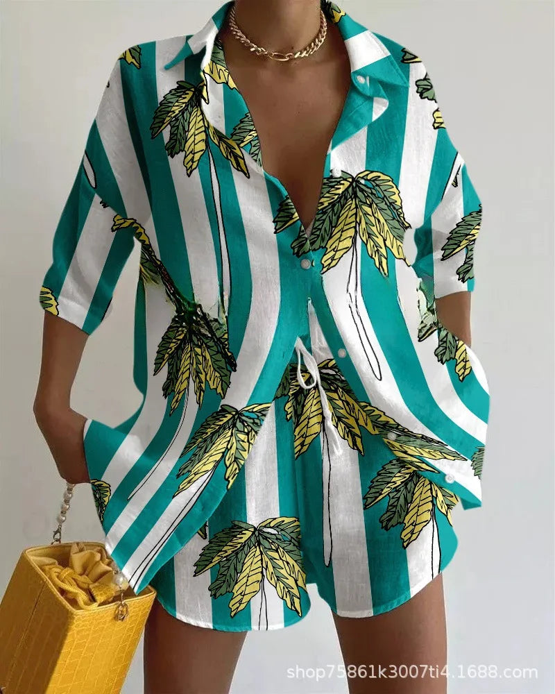 Summer Vacation Print Casual Two-piece Set Women Spring Lapel Shirt&Shorts Outfit Female 3/4 Sleeve Loose Suit Women's Clothing