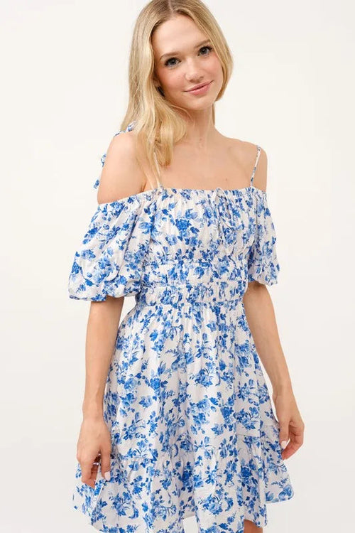 Chic Off-Shoulder Dress with Bubble Sleeves - White & Blue