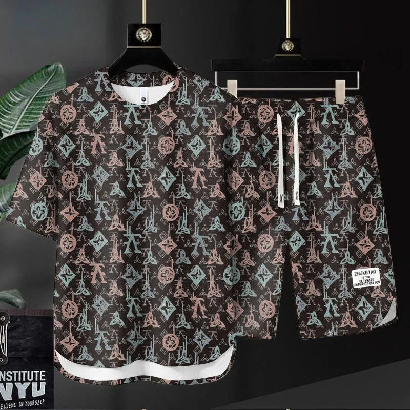 Summer New Fashion Trend Printed Short Sleeve T-shirt Sports Suit Men Loose Comfortable Breathable Plus Size Two-Piece Set 4XL