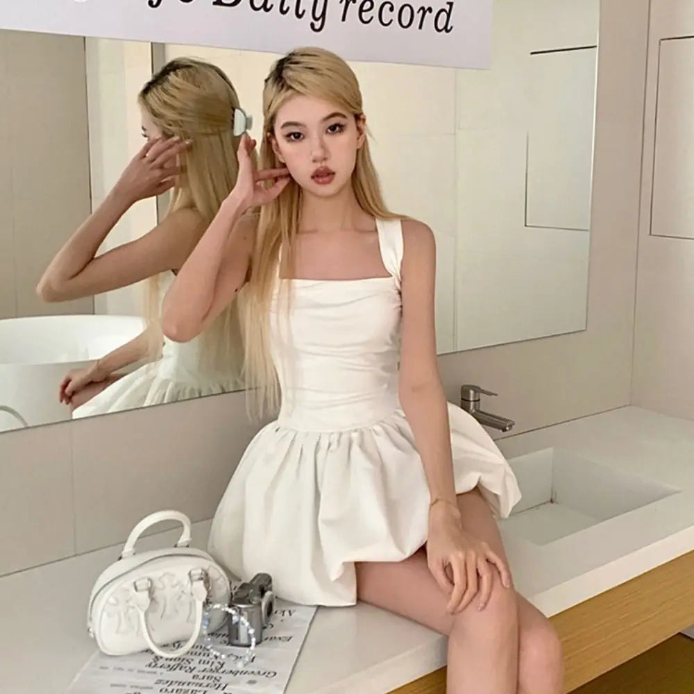 Elegant French Style Camisole Dress Sleeveless Slim Fit Short Dress Black White Puffy Dress Women Girl