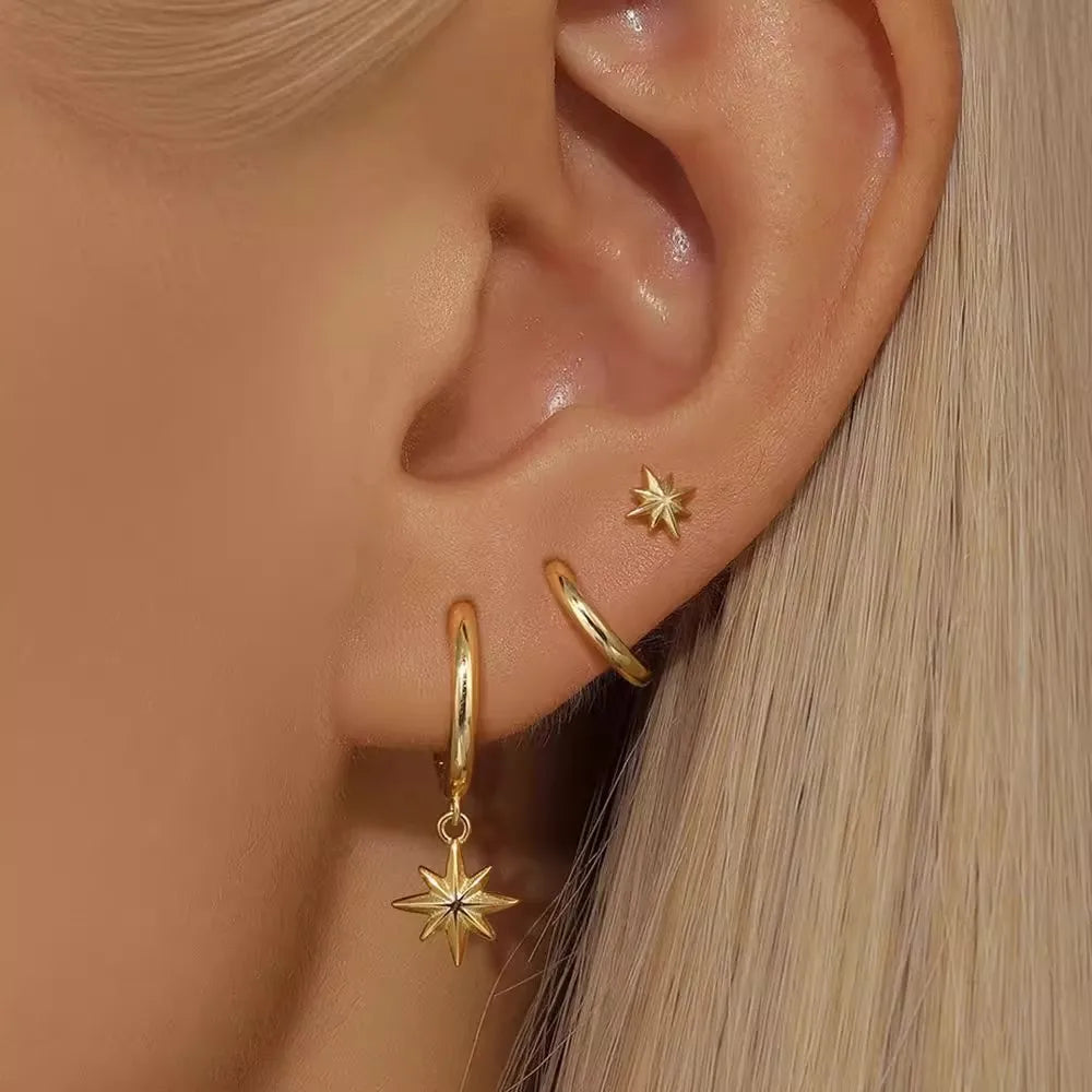 3pcs Unisex Fashion Metal round Star Tassel Dangle Hexagram Drop Earrings Set Hip Hop Punk Rock Jewelry for Men And Women