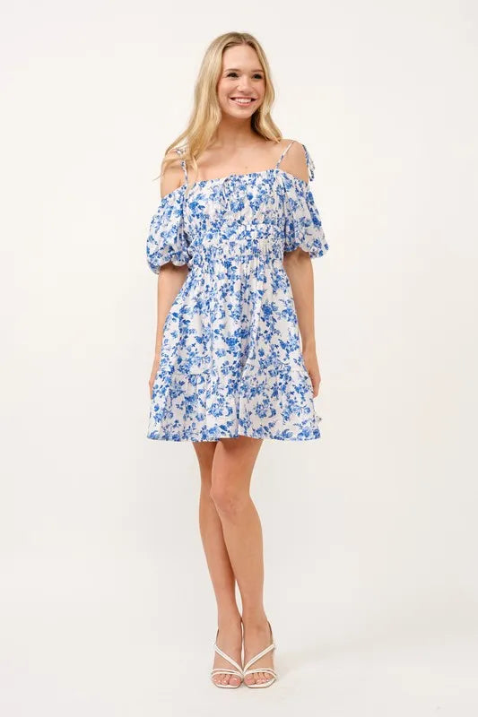 Chic Off-Shoulder Dress with Bubble Sleeves - White & Blue