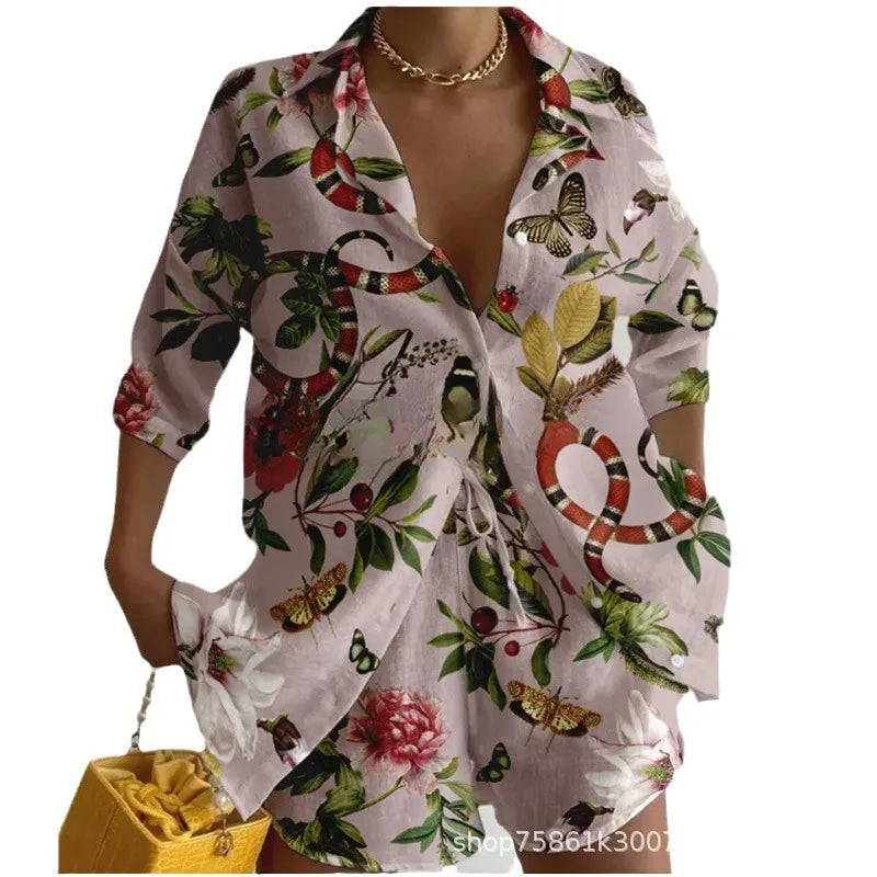 Summer Vacation Print Casual Two-piece Set Women Spring Lapel Shirt&Shorts Outfit Female 3/4 Sleeve Loose Suit Women's Clothing
