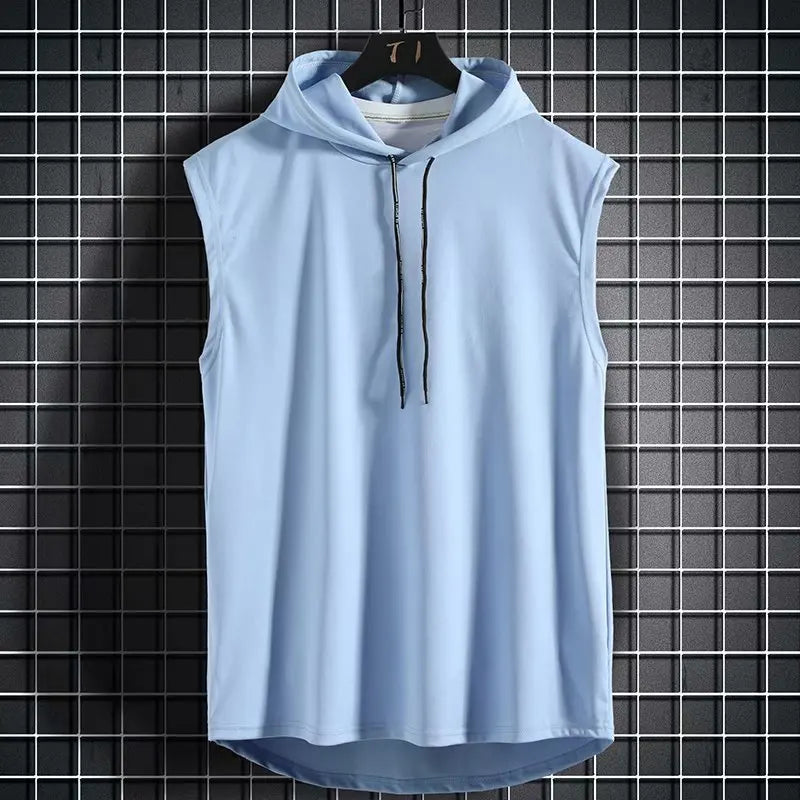 Men Tie Collar Hooded Sleeveless Vests Male Summer Loose Solid Hip Hop Tee Shirt Tops