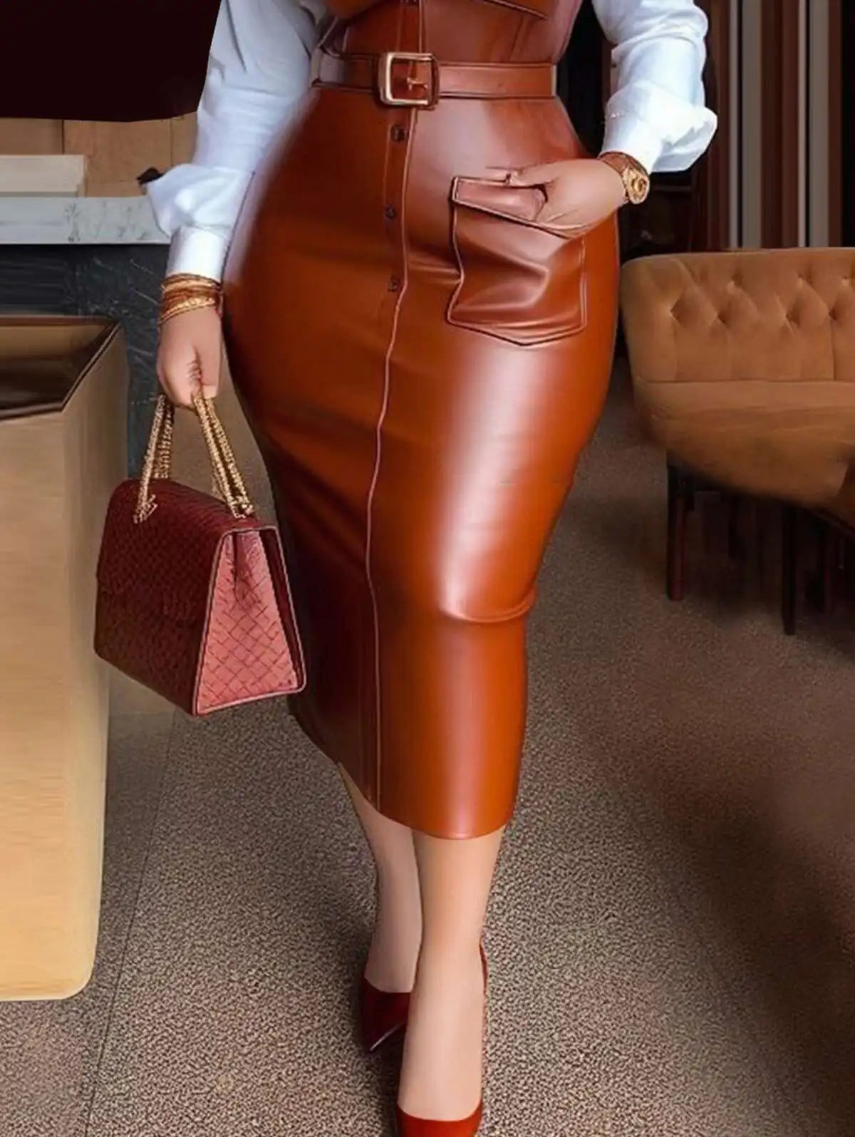 Womens Shirt Collar Dresses New Autumn Buttons Long Sleeve PU Leather Patchwork Pocket Skinny Belted Lapel Female Midi Dress PQ8