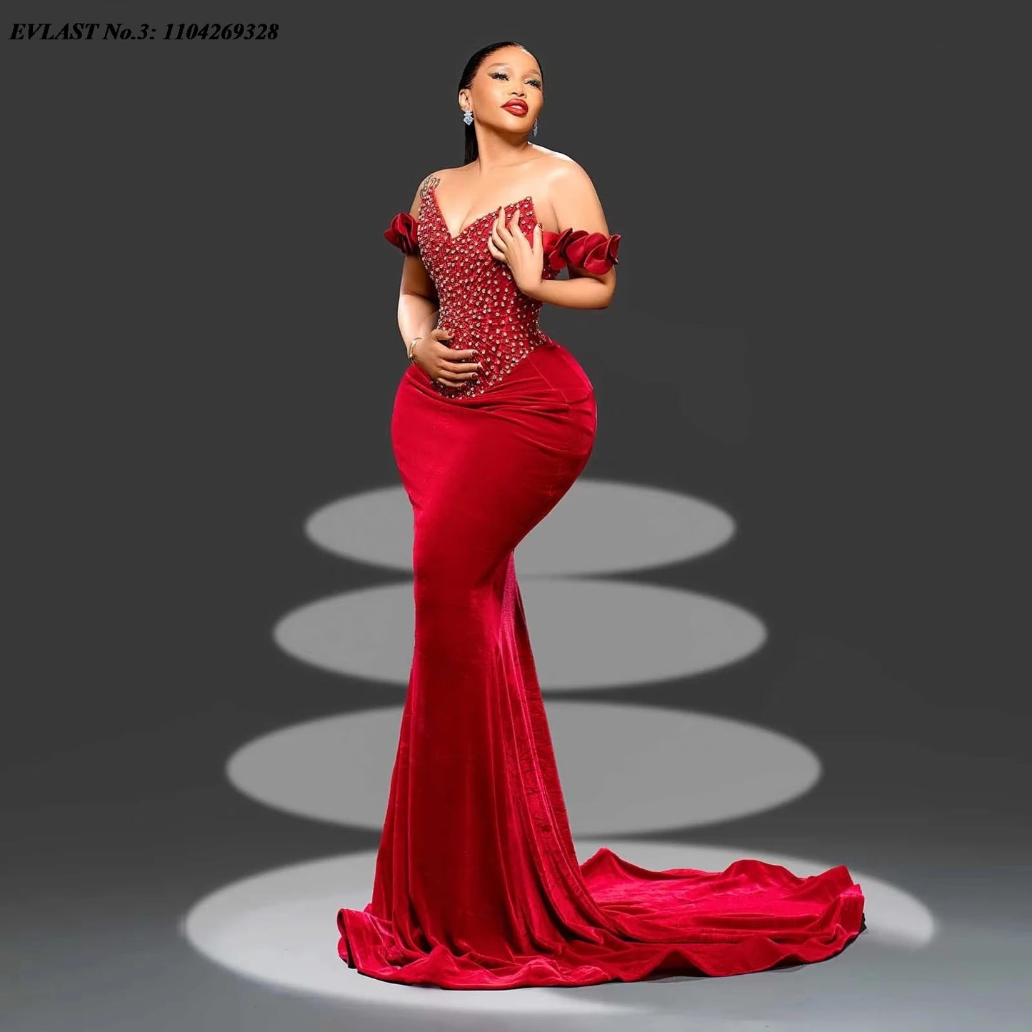 EVLAST Customized Elegance Red Velvet Evening Dress Rhinestones African Wedding Reception Aso Ebi Women Birthday Dress E3P352