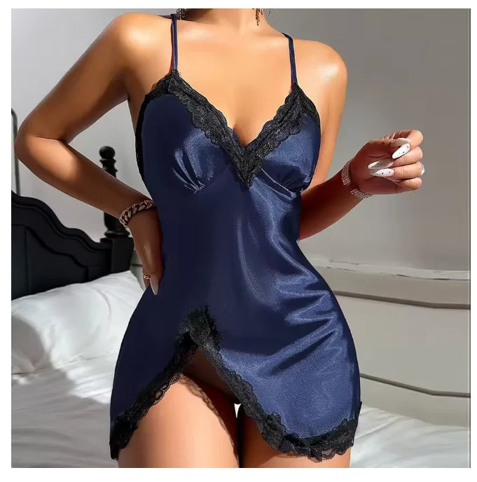 Sexy Backless Mini Female Nightgown Lingerie Summer Chemise Sleepwear Suspender Nightdress White Satin Lace Home Wear Loungewear