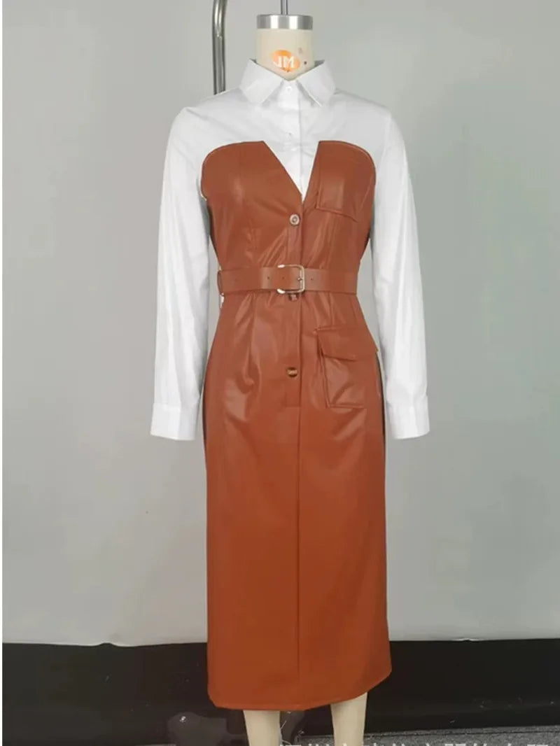 Womens Shirt Collar Dresses New Autumn Buttons Long Sleeve PU Leather Patchwork Pocket Skinny Belted Lapel Female Midi Dress PQ8