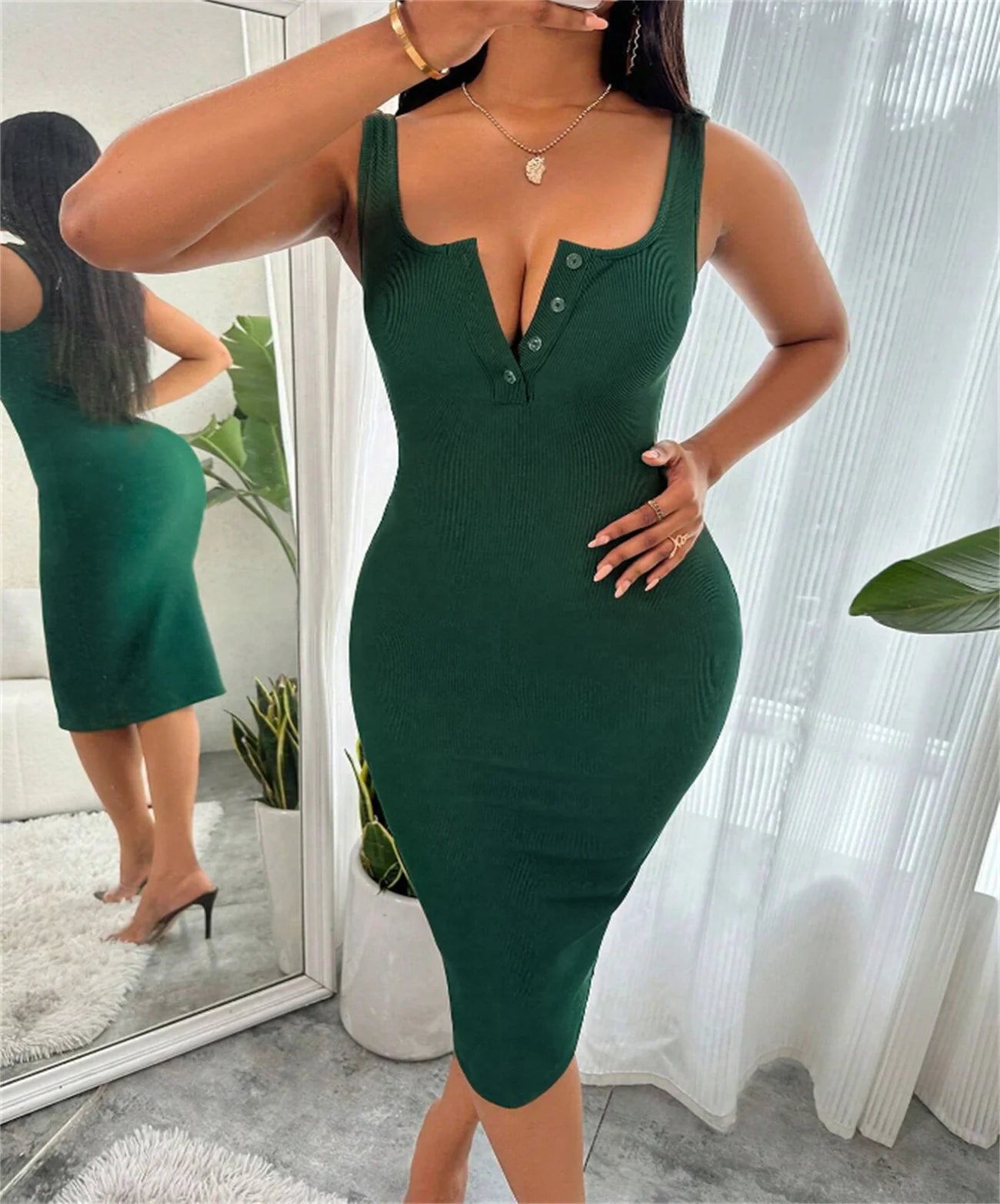 iral Summer Dress - Scoop Neck & Button Detail