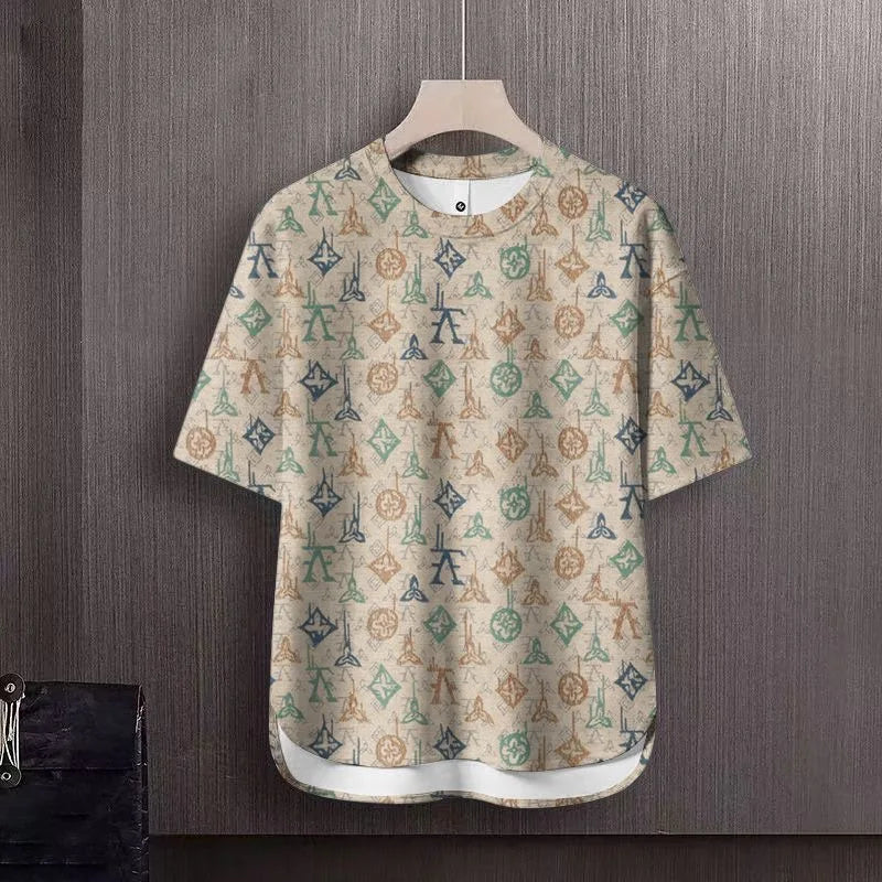 Summer New Fashion Trend Printed Short Sleeve T-shirt Sports Suit Men Loose Comfortable Breathable Plus Size Two-Piece Set 4XL