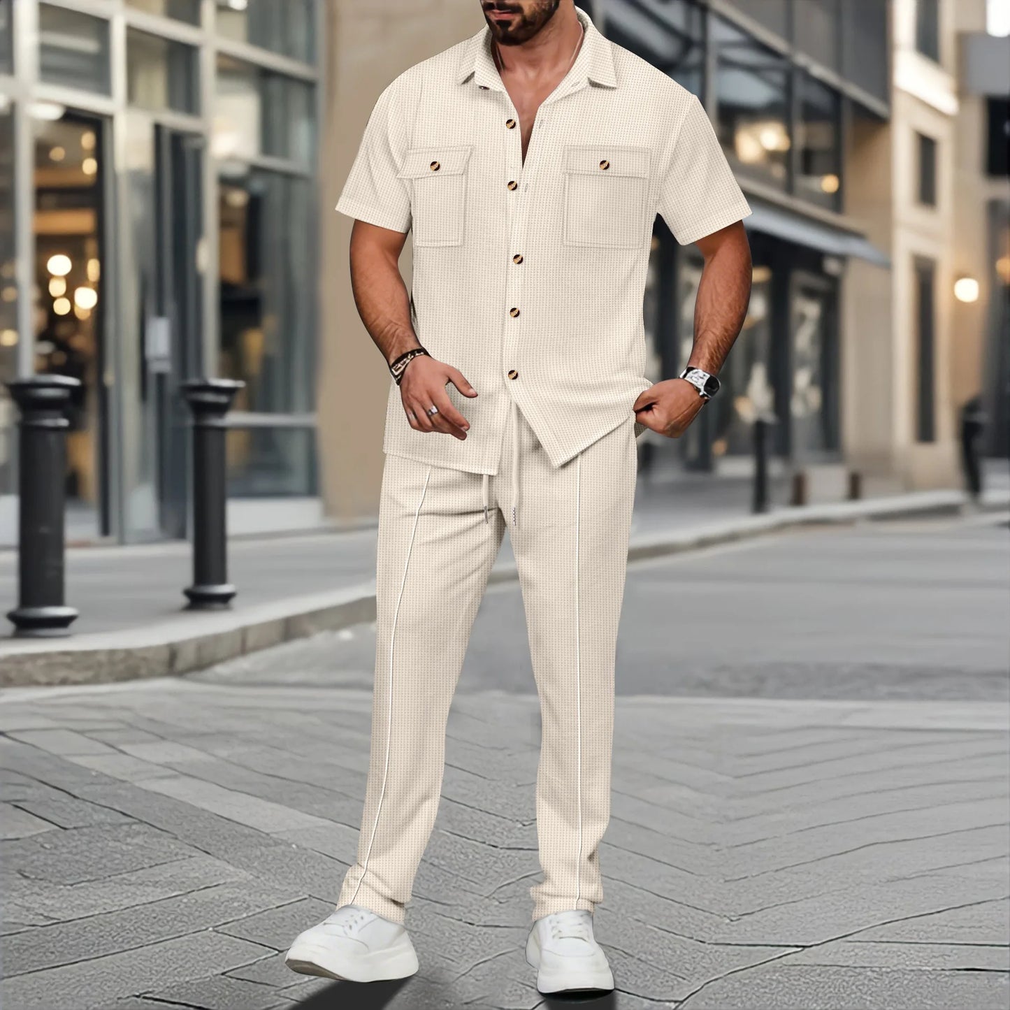 Men's waffle trend shirt short-sleeved two-piece set