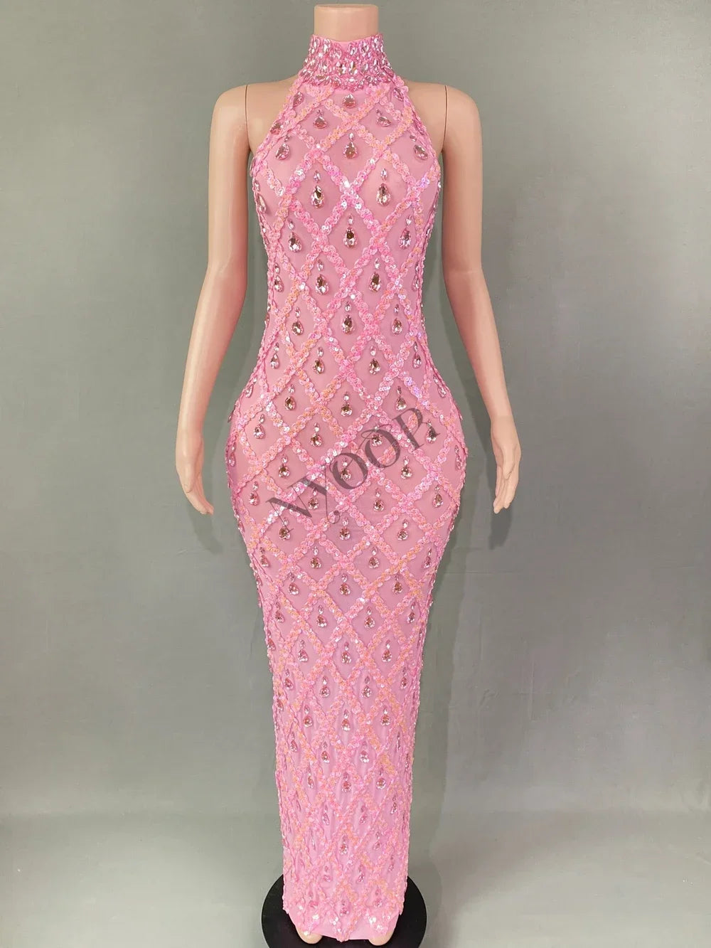Sparkly Rhinestones Sleeveless Long Dress Elegant Dark Mesh Celebrate Evening Wedding Prom Gown Birthday Dress Photograph Wear