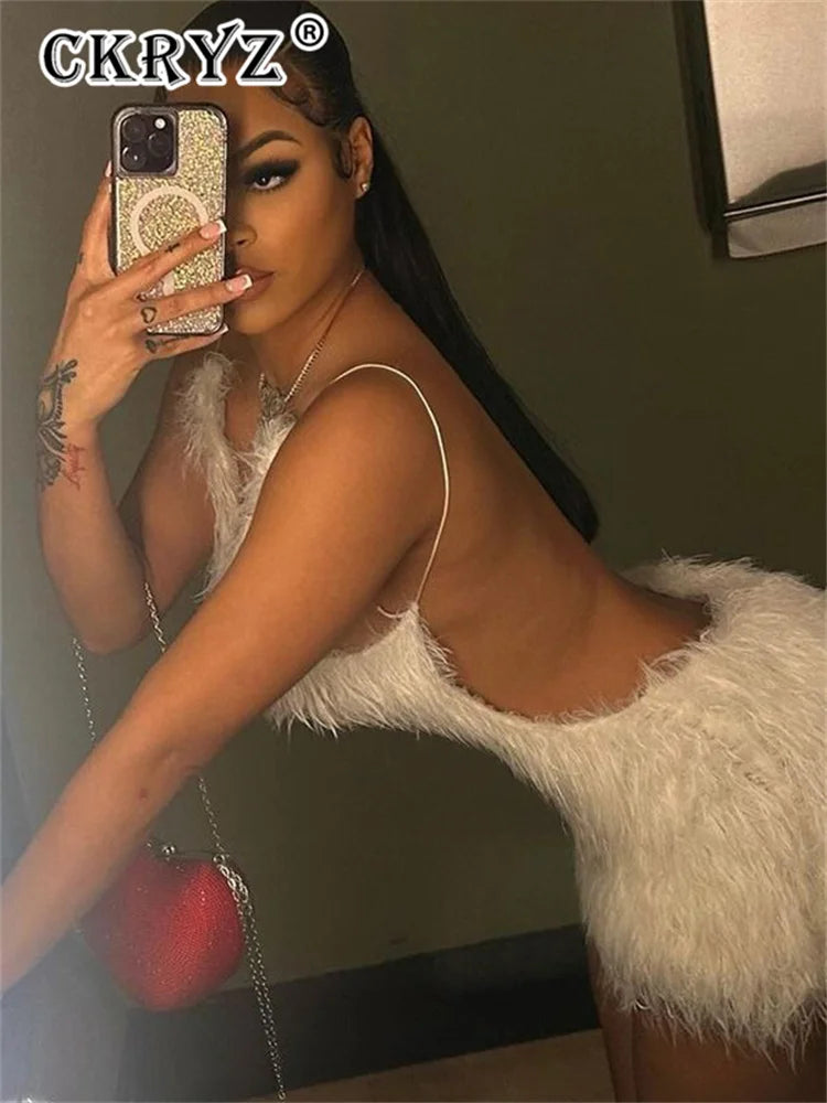 Ladies Autumn Feather New Fashion Night Clubwear Dress Women Sleeveless Backless Bodycon Mini Dresses Evening Party Fall Outfits