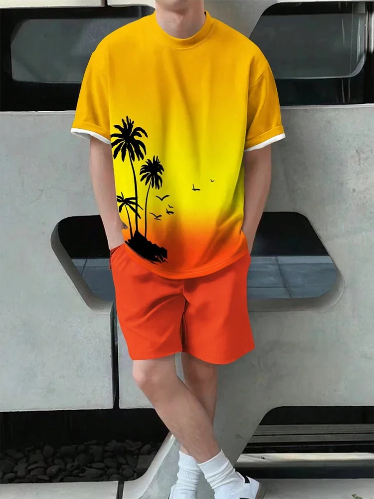 Casual men's  beach  shorts palm tree print O-neck short sleeved l