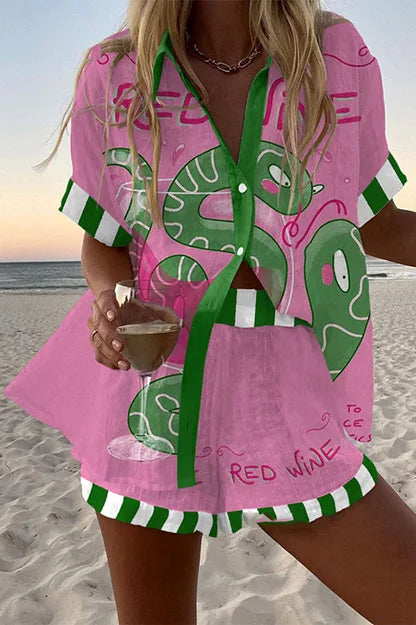 2025 New Style Vacation Cruise Set, Two Piece Set, Digital Print, Tropical Printed Necklace Shirt+Wide Leg Pants Women's Wear