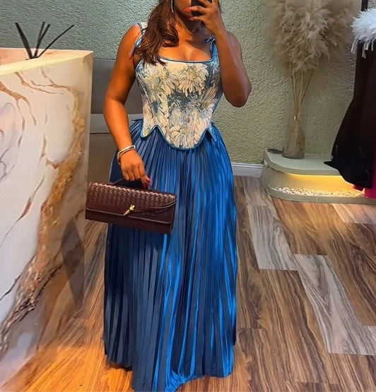 New Two Piece Skirt Set Summer 2025 New Women's Clothing Printed Tank Top+ High Waist Half Body Ruffle A Line Skirt