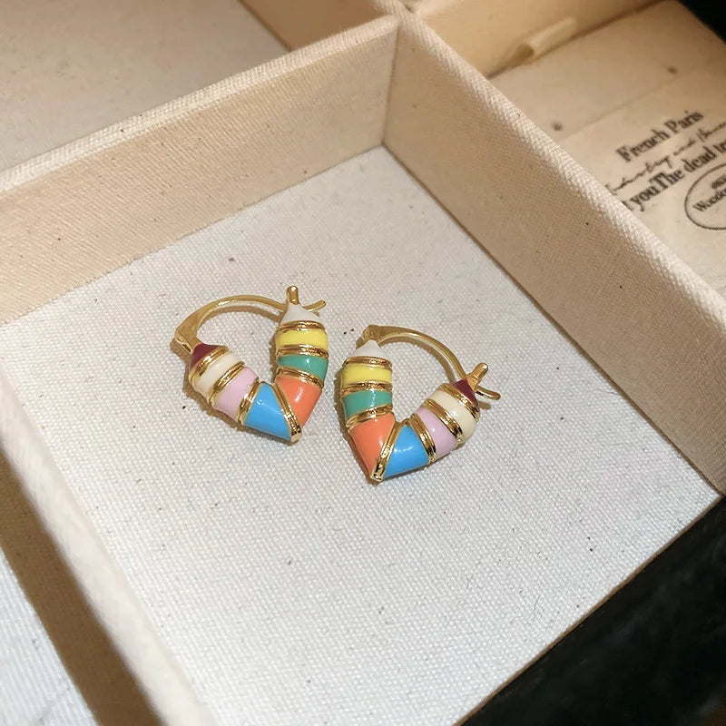 Candy Colorful Heart Hollow Hoop Earrings for Women Korean Sweet Design Sense Ear Buckle Cute Fashion Temperament Party Jewelry