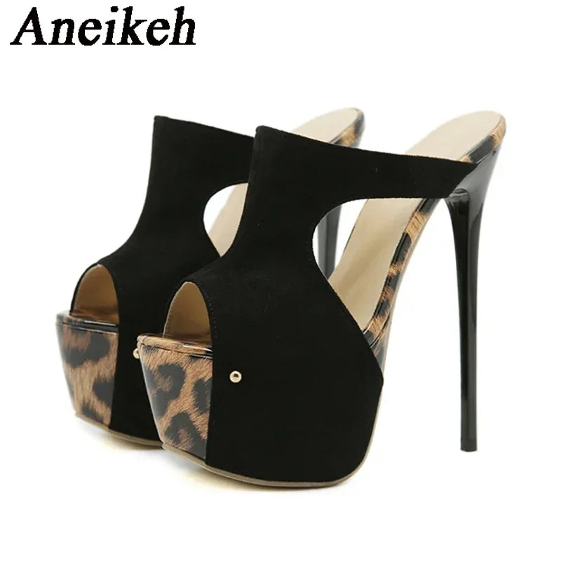 Aneikeh Summer Extreme Platform High Heels Black Leopard Print Rivet Slippers Ladies Sexy Slingback Sandals Mules Slides Shoes