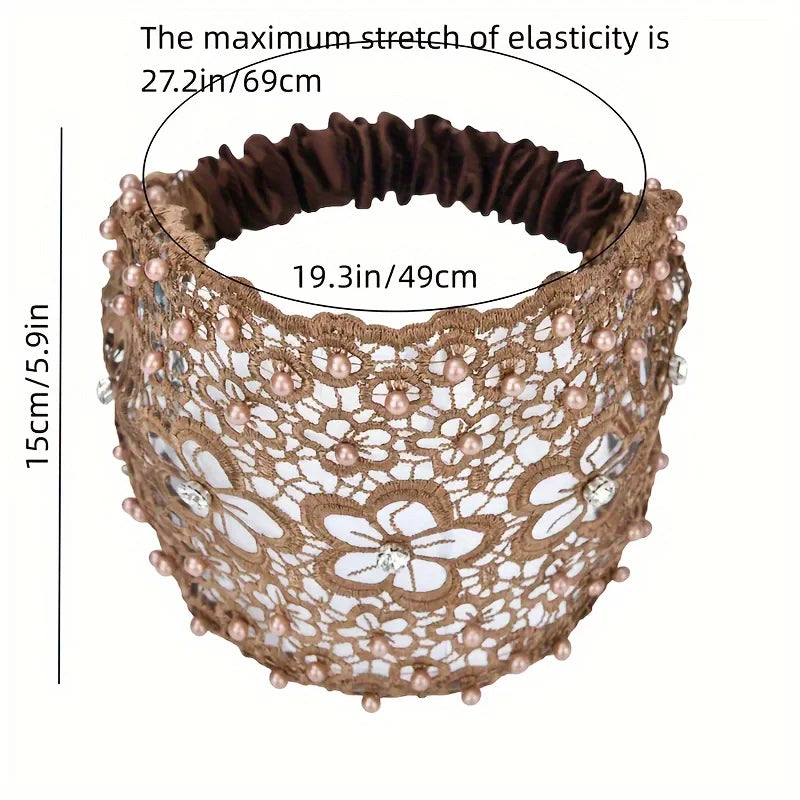 Elegant floral lace bead headband - Polyester hollow headband with elastic band - Dress up hair accessory set - Pattern solid co