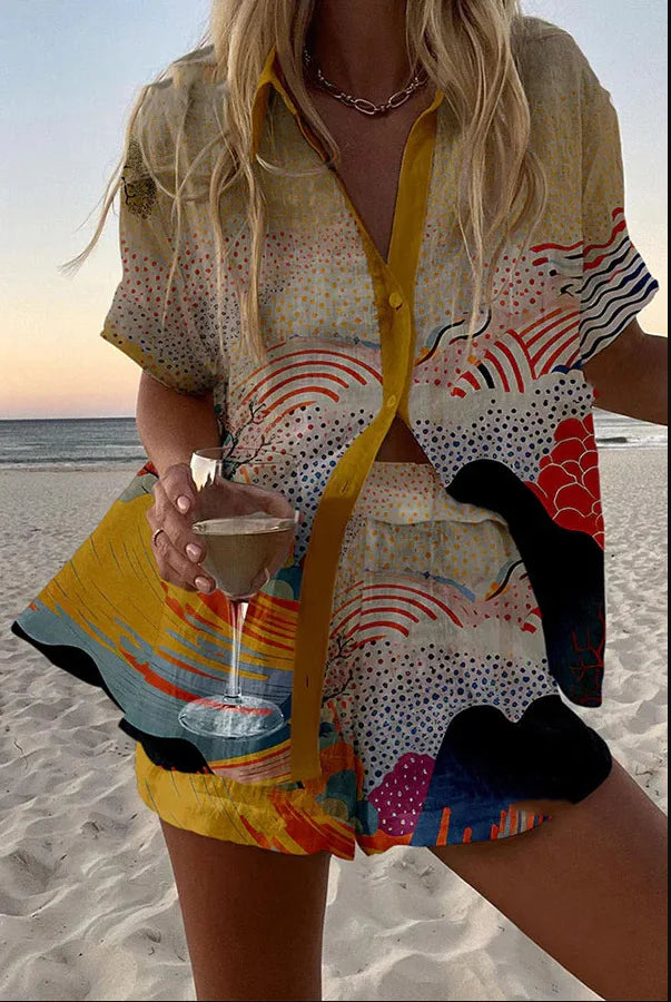2025 New Style Vacation Cruise Set, Two Piece Set, Digital Print, Tropical Printed Necklace Shirt+Wide Leg Pants Women's Wear