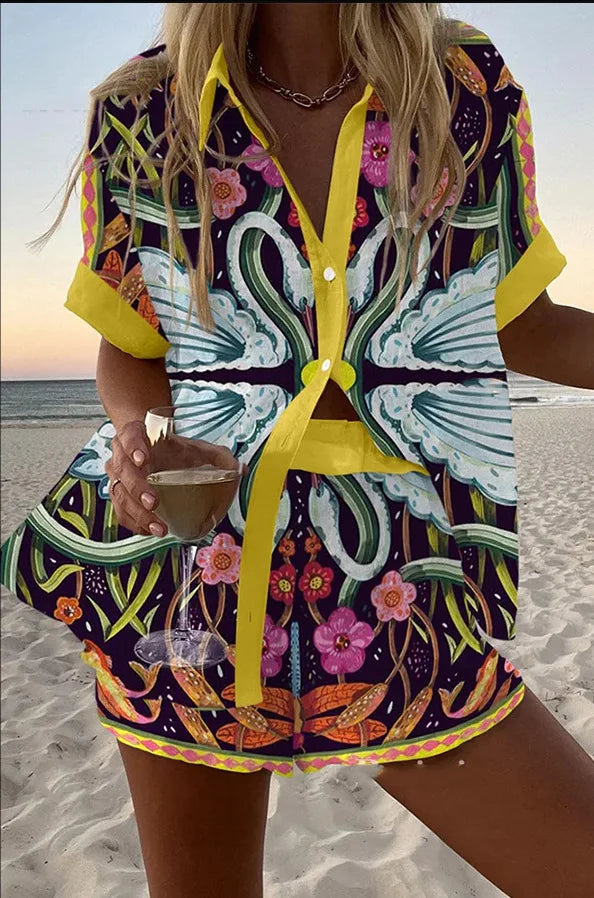 2025 New Style Vacation Cruise Set, Two Piece Set, Digital Print, Tropical Printed Necklace Shirt+Wide Leg Pants Women's Wear
