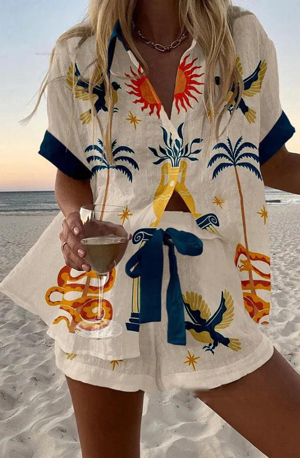 2025 New Style Vacation Cruise Set, Two Piece Set, Digital Print, Tropical Printed Necklace Shirt+Wide Leg Pants Women's Wear