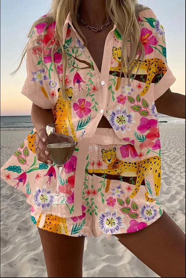 2025 New Style Vacation Cruise Set, Two Piece Set, Digital Print, Tropical Printed Necklace Shirt+Wide Leg Pants Women's Wear