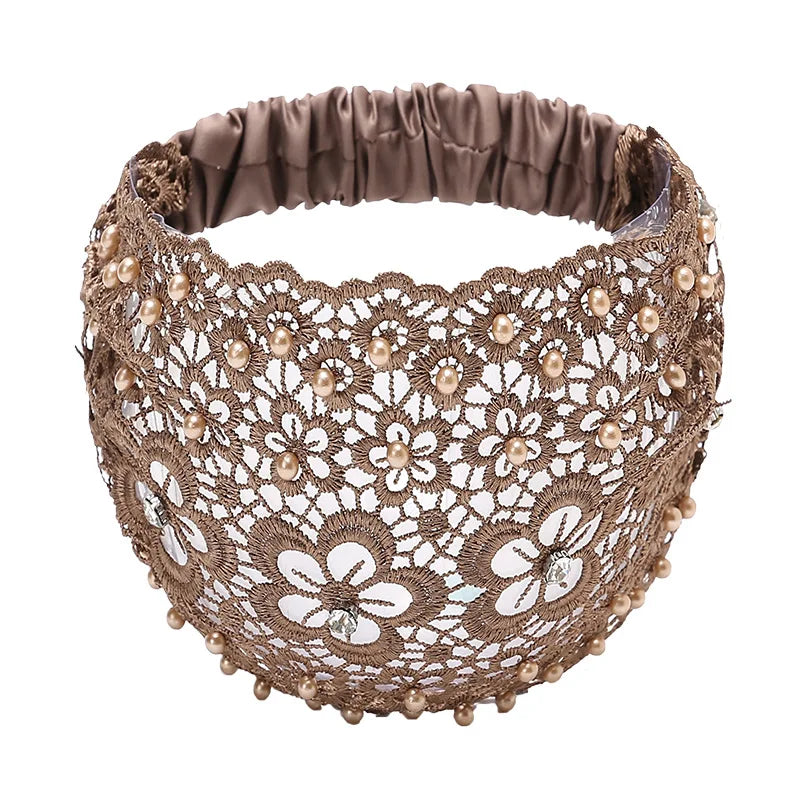 Elegant floral lace bead headband - Polyester hollow headband with elastic band - Dress up hair accessory set - Pattern solid co