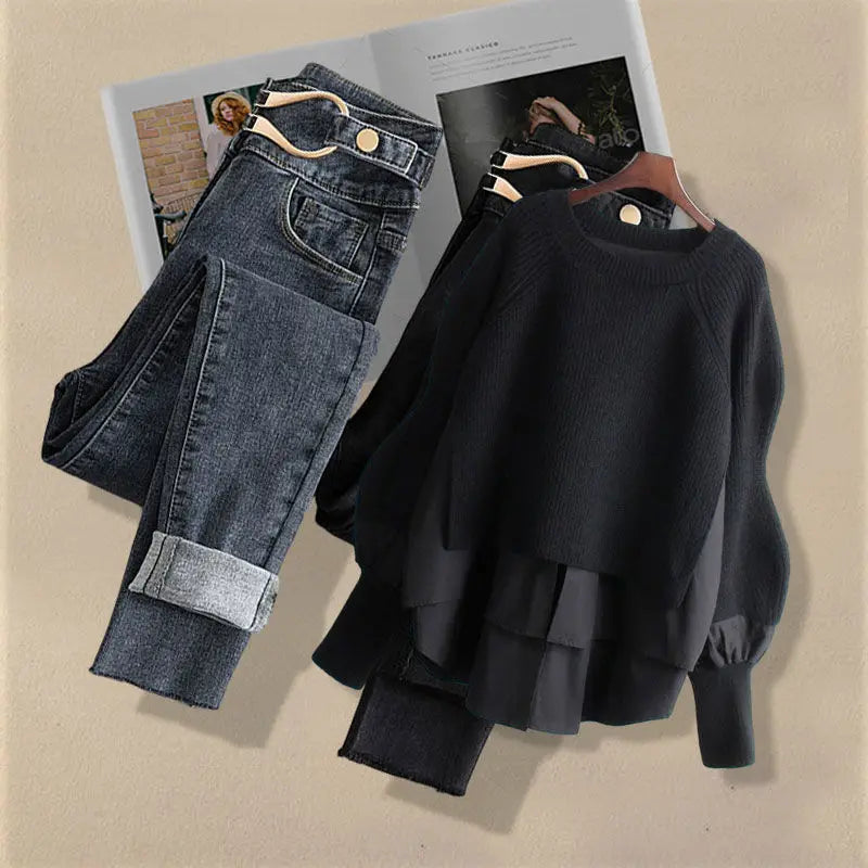 Korean Inspired Matching Set - Trendy Blouse & Slim Jeans