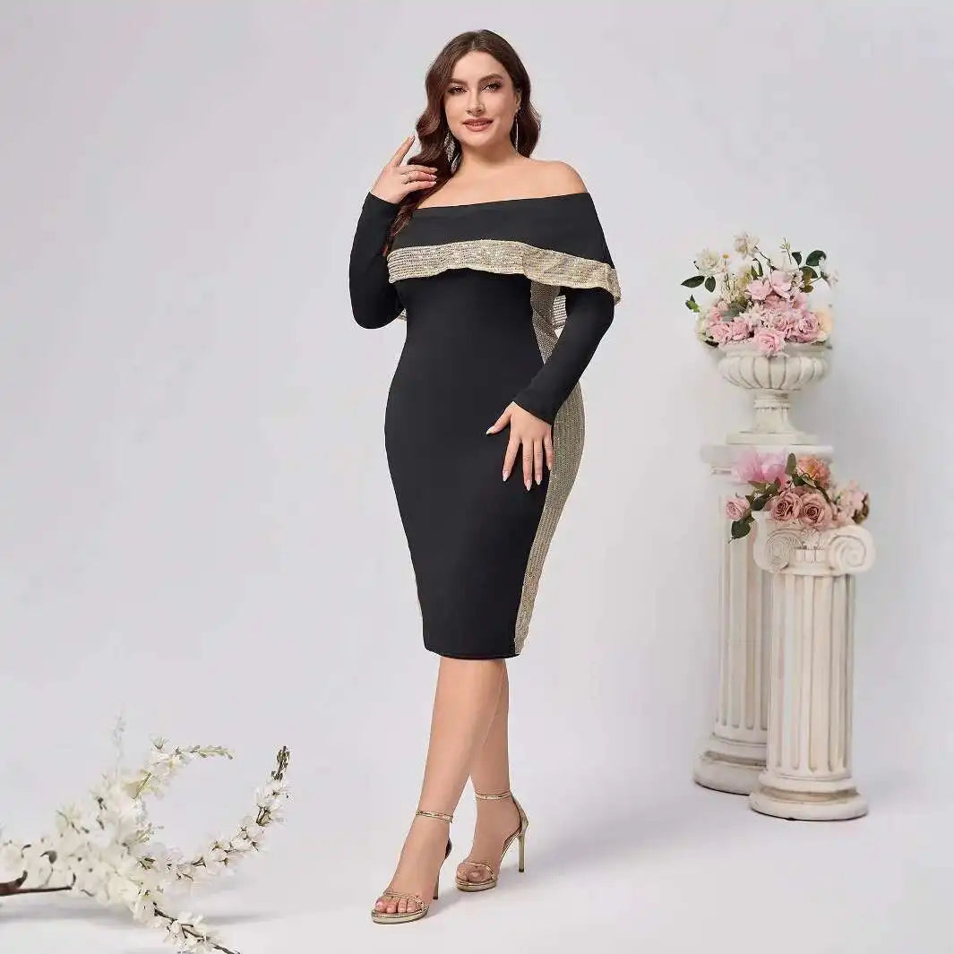 Size Large Women's New Fashion Style Elegant Off Shoulder Sequin Long Sleeved Slim Fit Hip Hugging Elegant Women's Dress Y2k