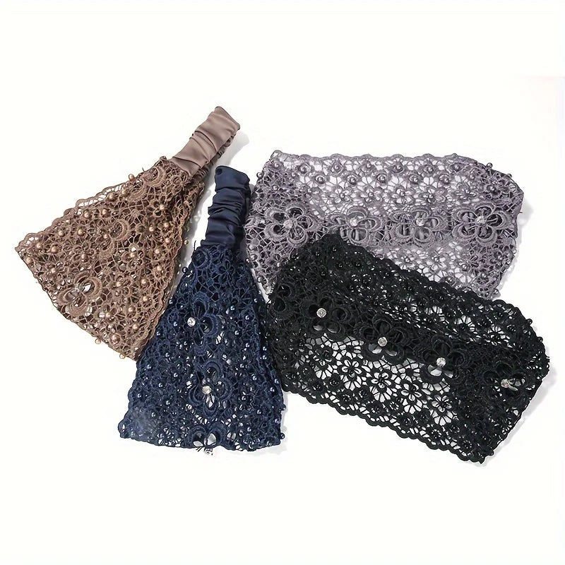 Elegant floral lace bead headband - Polyester hollow headband with elastic band - Dress up hair accessory set - Pattern solid co