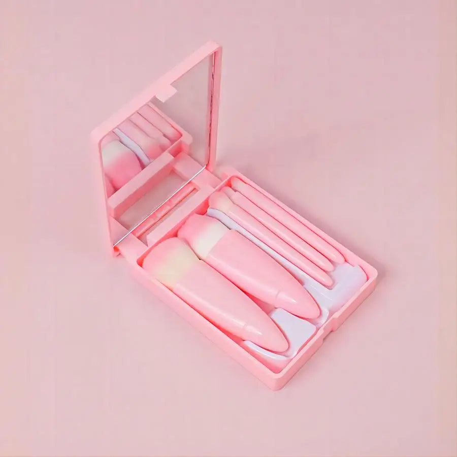 5 PCs Cosmetic Brush Portable Makeup Brush Travel With Mirror Box Makeup Set Brush Loose Brush Blush Brush Eyeshadow Brush