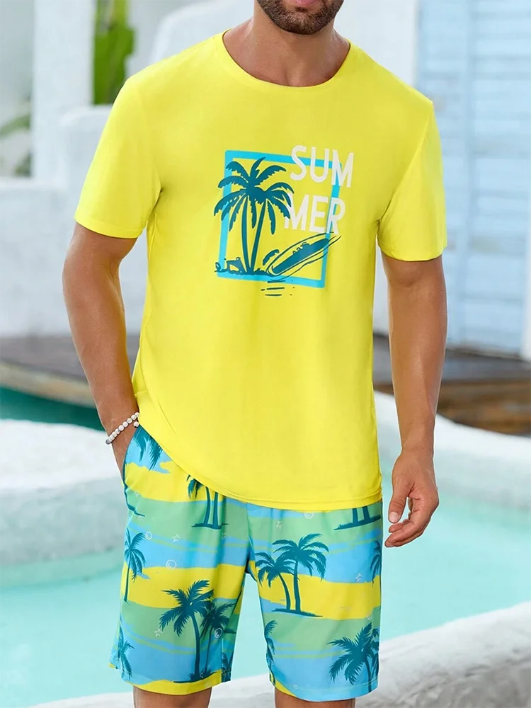 Casual men's  beach  shorts palm tree print O-neck short sleeved l