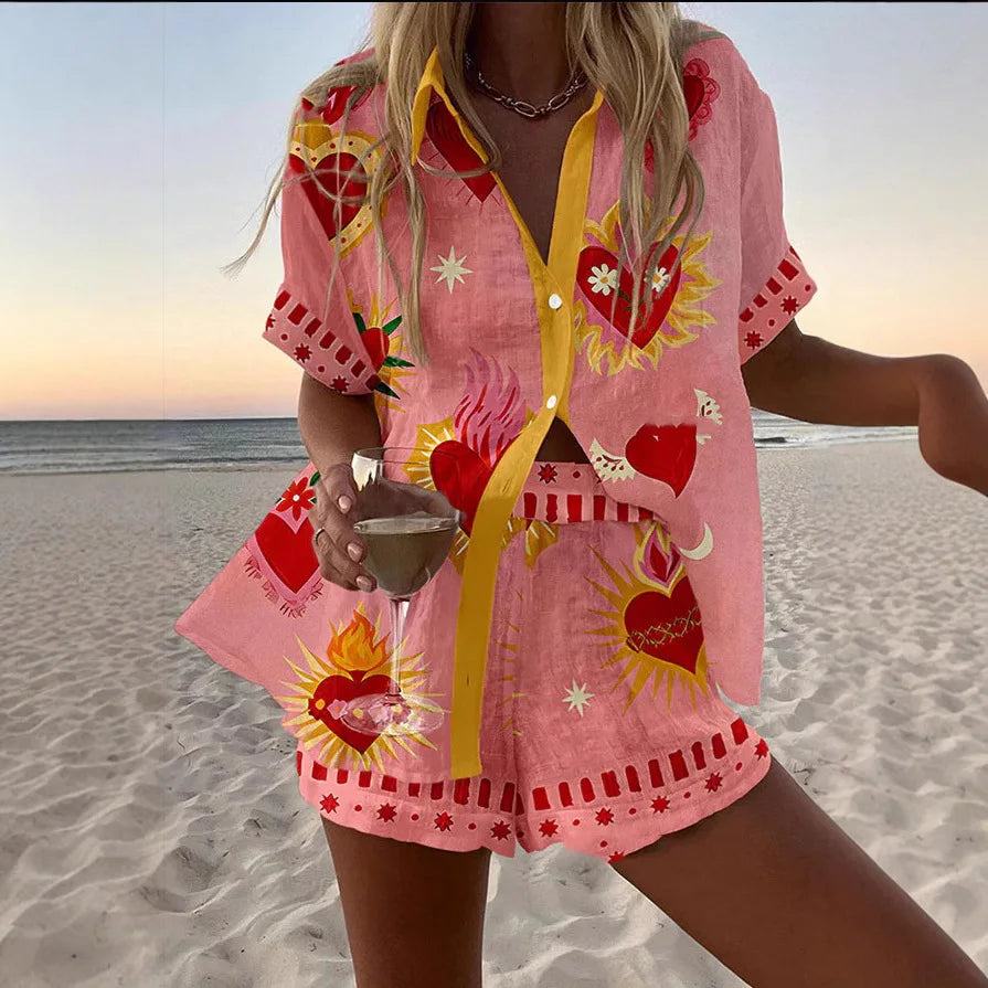 2025 New Style Vacation Cruise Set, Two Piece Set, Digital Print, Tropical Printed Necklace Shirt+Wide Leg Pants Women's Wear