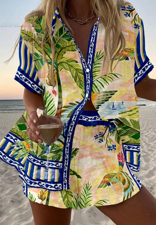 2025 New Style Vacation Cruise Set, Two Piece Set, Digital Print, Tropical Printed Necklace Shirt+Wide Leg Pants Women's Wear