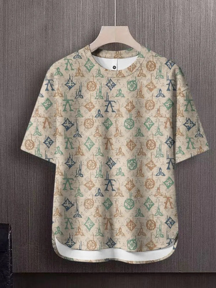 Summer New Fashion Trend Printed Short Sleeve T-shirt Sports Suit Men Loose Comfortable Breathable Plus Size Two-Piece Set 4XL