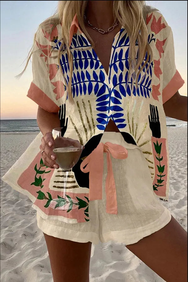 2025 New Style Vacation Cruise Set, Two Piece Set, Digital Print, Tropical Printed Necklace Shirt+Wide Leg Pants Women's Wear