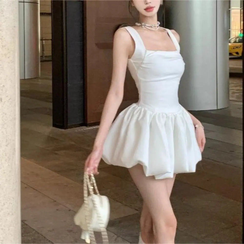 Elegant French Style Camisole Dress Sleeveless Slim Fit Short Dress Black White Puffy Dress Women Girl